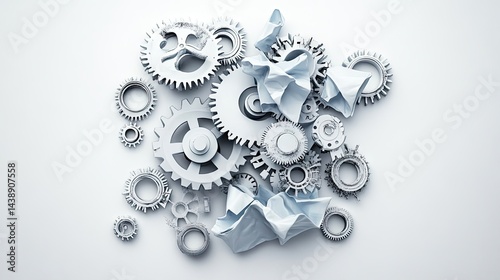 Disrupted mechanism of gears and crumpled paper.