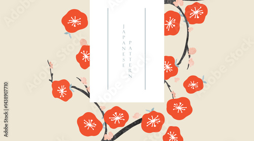 Japanese background with branch of red flower with watercolor texture vector. Abstract template with geometric pattern. Floral pattern layout design in oriental style
