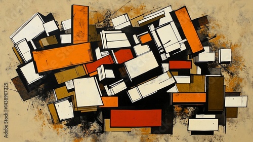 Abstract geometric composition of blocks.  Layered forms in orange, red, and brown, on a beige background