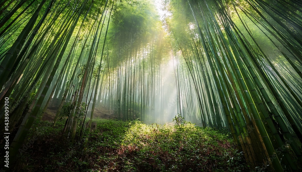 Fototapeta premium bamboo forest with sunbeams filtering through mist, peaceful 