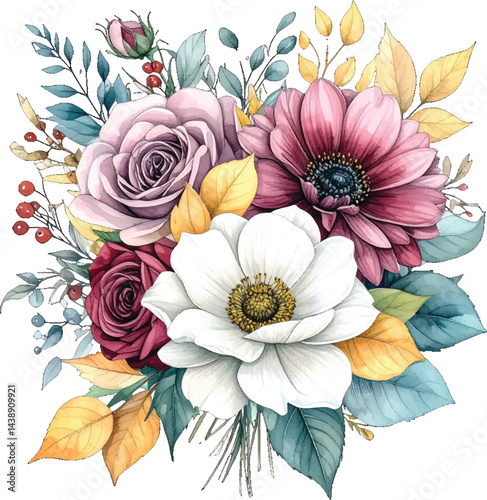 Beautiful rose bouquet in watercolor with autumn-inspired palette. Watercolor floral composition with warm tones and classic elegance. Botanical flower arrangement in watercolor with seasonal vibe