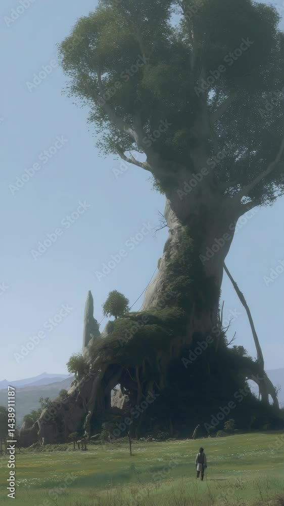 Enormous mythical tree rising from meadow, person walking across grassy field towards nature, blue sky, mountains, fantasy environment