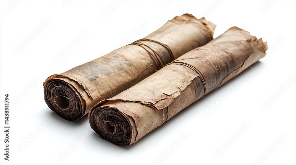 A stunning image of ancient old paper scroll isolated on white background. A stunning image of ancient old paper scroll isolated on white background.