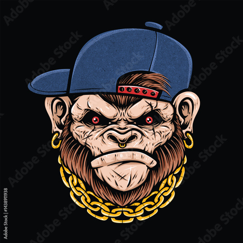 ape wearing blue hat and gold necklace