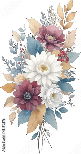 Watercolor floral clipart with soft colors and natural leaf textures. Botanical watercolor art featuring burgundy and white flower mix. Watercolor flower bouquet with rustic leaves and delicate bloom