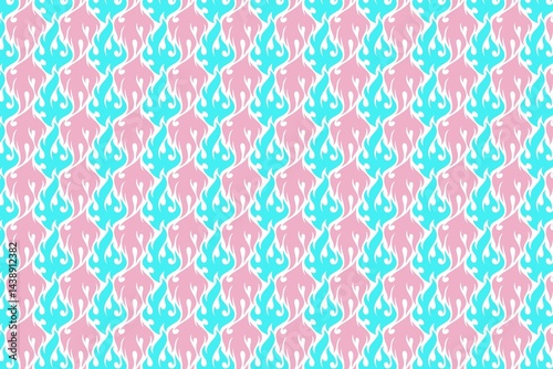 Dynamic Seamless Pattern With Stylized Pink And Blue Flame Motifs On A White Background. Ideal For Textiles, Fashion Prints, Wallpapers, Abstract, Fabric, Digital Art, And Retro-inspired Designs.