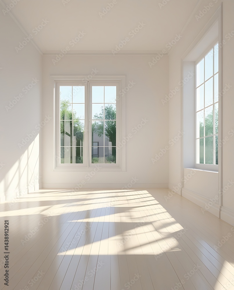 Fototapeta premium Empty white room with sunlight casting shadows on the floor, perfect minimalistic background for real estate, interior design, and modern home decoration projects