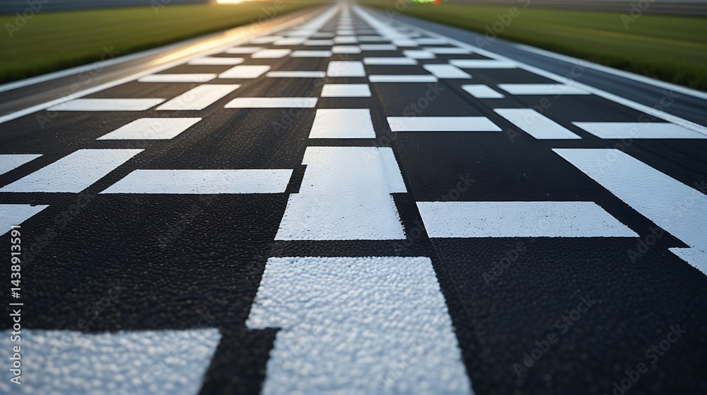 Fototapeta premium Close-up of a black and white checkered finish line on an asphalt racetrack, symbolizing competition, sports, and the goal of racing success 