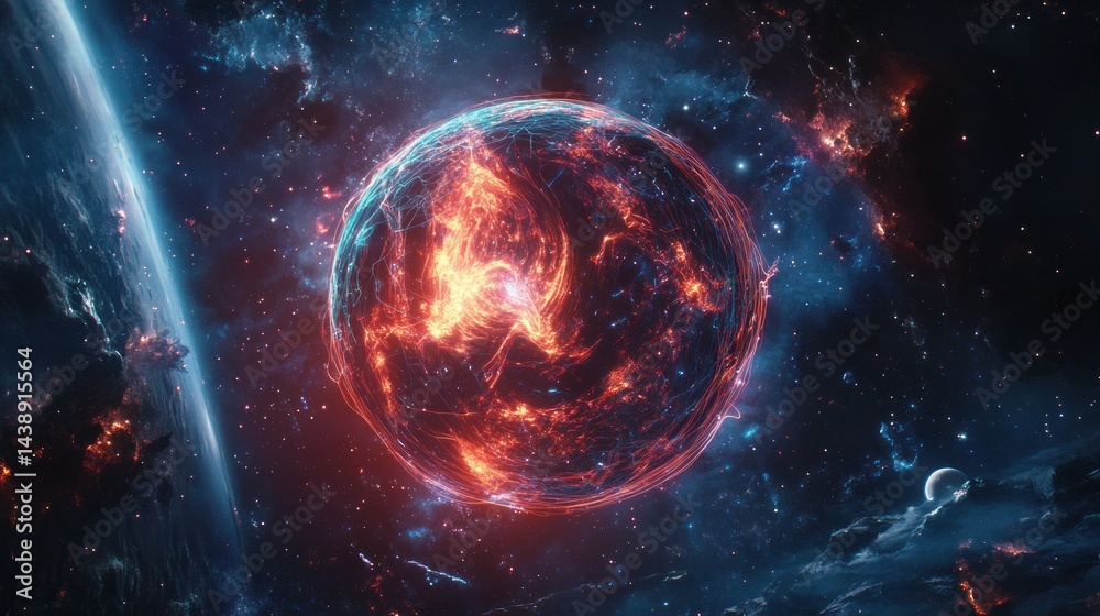Obraz premium Fiery Planet Exploding in Space Nebula