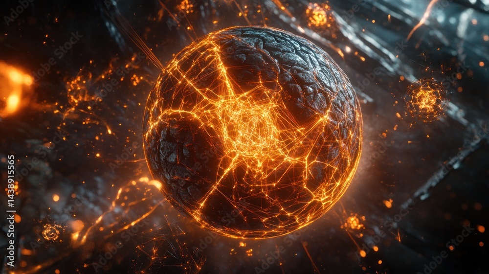 Fractured sphere, fiery energy, volcanic background, game asset Fractured sphere, fiery energy, volcanic background, game asset