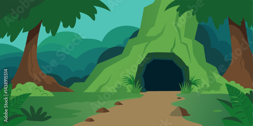 Hidden Cave Entrance in Jungle Background Cartoon Vector Illustration