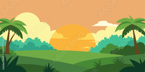 early sunrise over jungle cartoon vector illustration for vector illustration for early-sunrise-over-jungle-cartoon