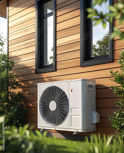 Modern energy-efficient heat pump unit installed on the exterior wall of a house, promoting sustainable climate control and environmental energy solutions
