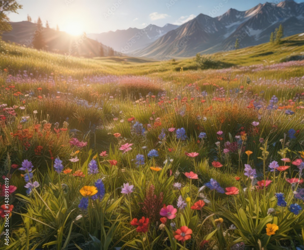 Obraz premium Vibrant wildflowers carpet sun-drenched meadow , idyllic, growth, beauty