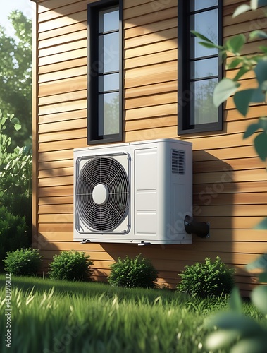 Modern energy-efficient heat pump unit installed on the exterior wall of a house, promoting sustainable climate control and environmental energy solutions
