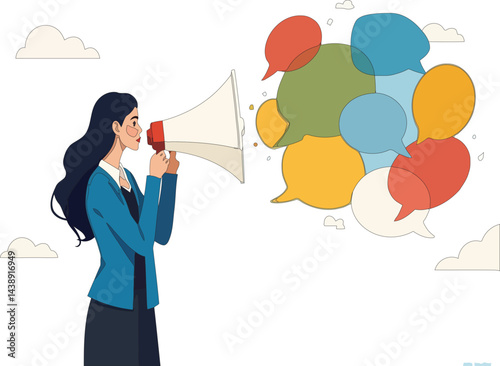 Speak Out Loud! Businesswoman Shouting Message Through Megaphone with Speech Bubble – Communication, Debate & Announcement Concept