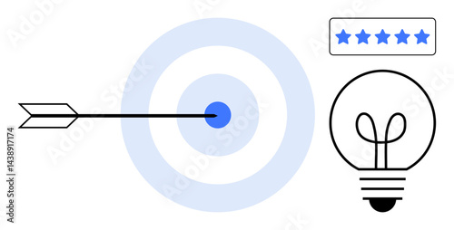 Arrow hitting bullseye, glowing light bulb, and 5-star rating represent focus, innovation, and quality. Ideal for goal setting, performance, achievement, creativity excellence strategy