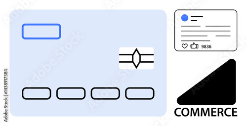 Payment card with chip, analytics card with thumbs ups and comments, and commerce icon. Ideal for e-commerce, digital payment, online shopping, social marketing, branding, fintech digital economy