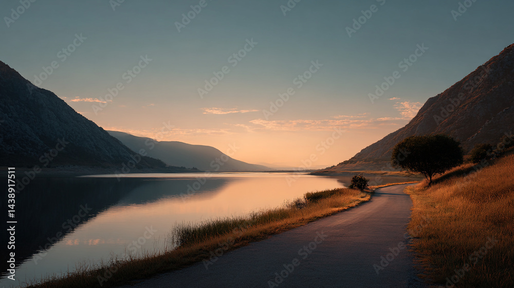 Obraz premium Beautiful lake landscape view with mountains and road at sunset for travel and tourism concept