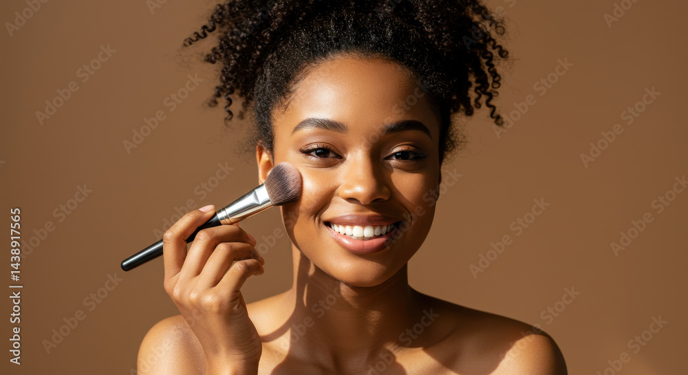 Obraz premium Radiant Beauty: Smiling African American Woman Applying Makeup with Brush - Flawless Skin & Gorgeous Glow!