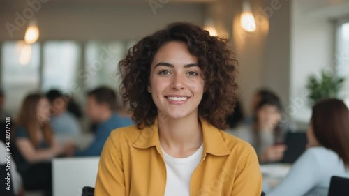 Smiling Young Woman with Curly Hair in Bright Office Environment