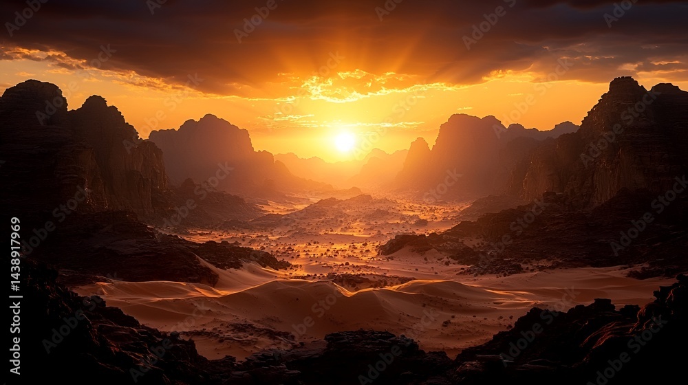 Fototapeta premium Dramatic sunset over desert landscape with mountains and dunes.