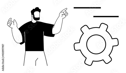Person gesturing towards large gear with horizontal bars, symbolizing settings, process, or customization. Ideal for technology, development, workflow, innovation, strategy teamwork communication