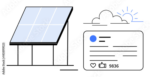Large solar panel with social media post featuring thumbs ups and engagement. Sun and cloud in background. Ideal for sustainability, technology, clean energy, eco campaigns, green marketing