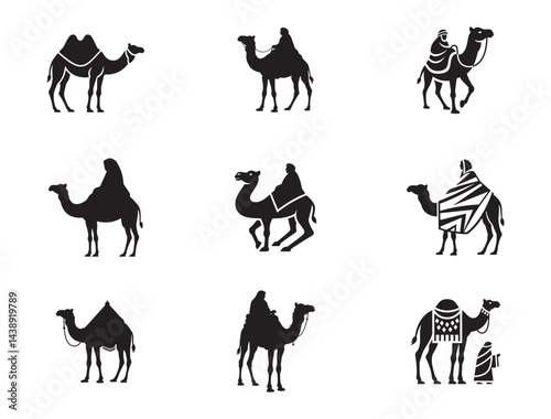 Nomad on Camel Silhouette – Black Vector on White Background Desert Traveler Camel Ride