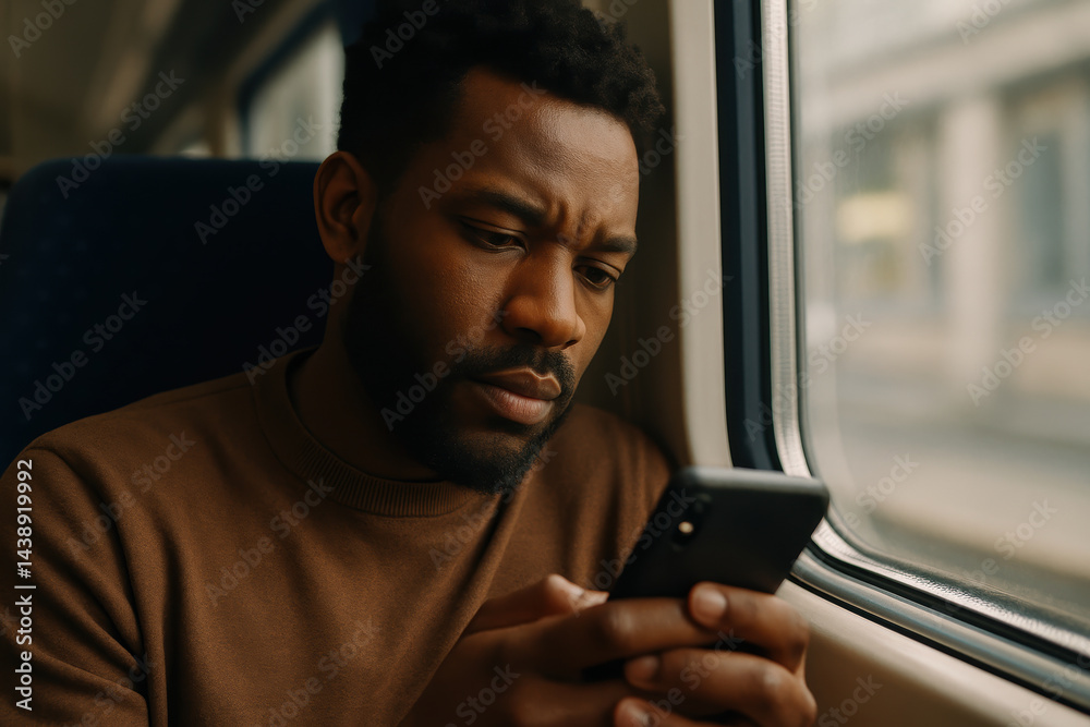 Focused man reading on smartphone during train journey Focused man reading on smartphone during train journey