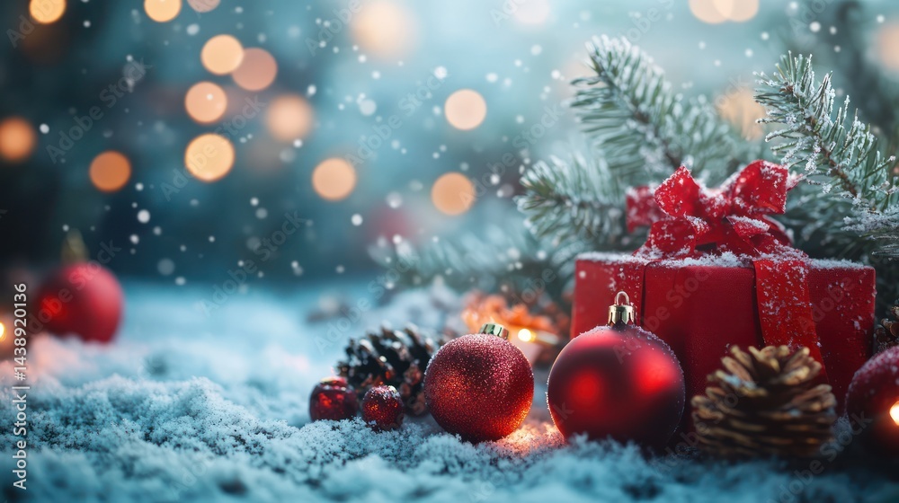 Festive christmas arrangement with red ornaments and presents in snow scenery
