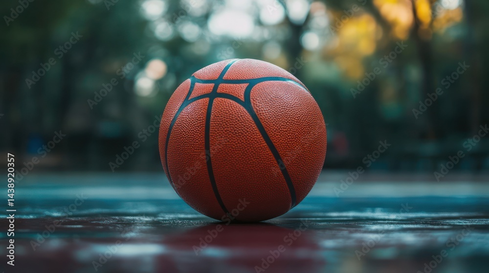 Lone basketball resting on an outdoor court with blurred foliage behind