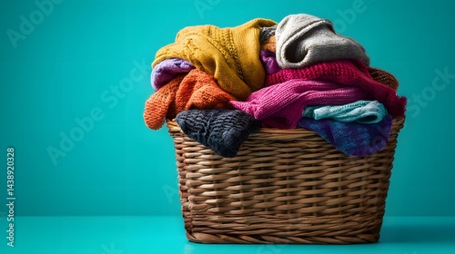 Wicker Laundry Basket Overflowing with Colorful Clothes