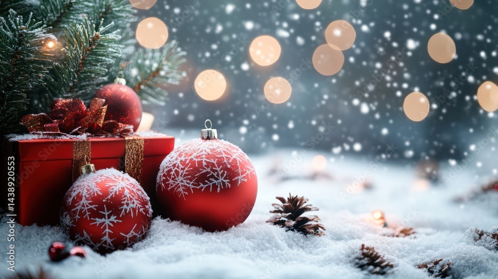 Enchanting Christmas still life: Festive ornaments, gift and winter magic