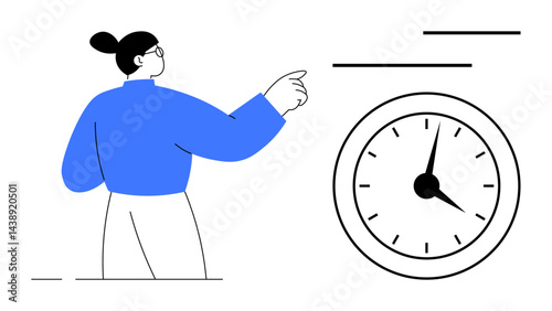 Woman gesturing toward analog clock, suggesting focus on time management, scheduling, or punctuality. Ideal for deadlines, productivity, organization, planning efficiency business focus. Flat