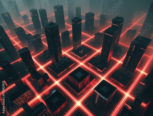 Futuristic dark cityscape with glowing red grid streets and towering black buildings, creating a cyberpunk atmosphere perfect for technology, sci-fi, and urban infrastructure concepts
