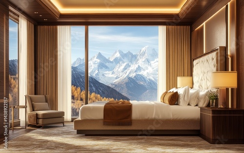 A modern luxury living room interior with a sofa, bed, and stylish furniture, featuring a large window with curtains offering a bright view