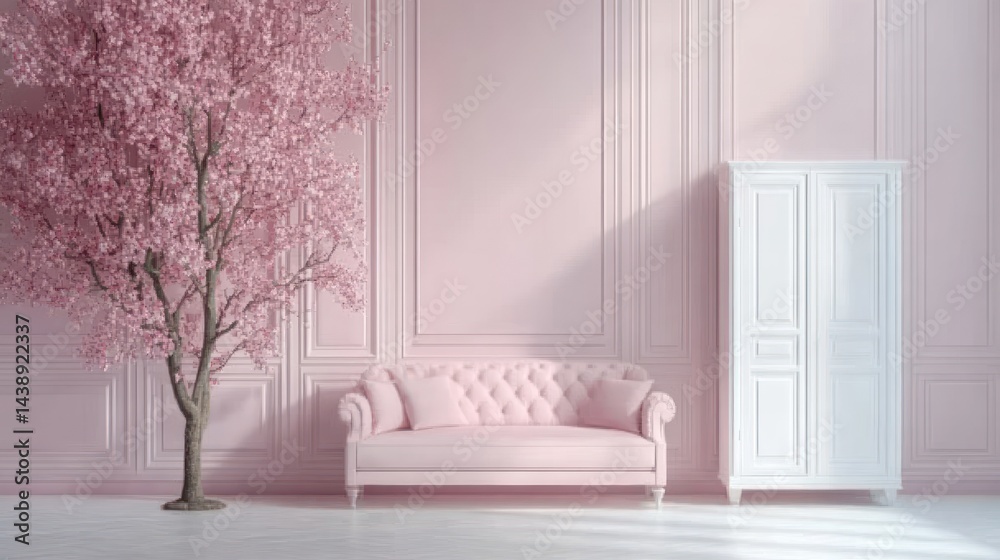 Elegant pink interior featuring blossom tree, sofa, and white wardrobe against wall