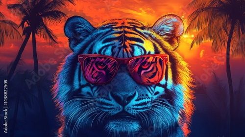 Cool Tiger Wearing Sunglasses at Sunset Tropical Beach photo