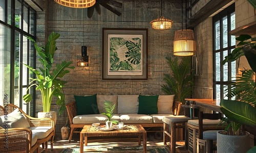 Cozy living room with tropical decor, featuring plants and natural light, creating a serene atmosphere
