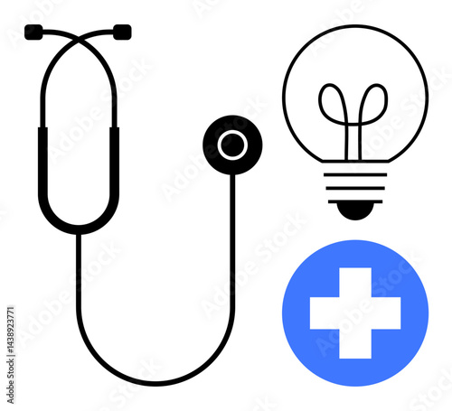 Stethoscope, lightbulb, and blue medical cross emphasize healthcare, innovation, and problem-solving. Ideal for medicine, healthcare innovation, diagnostics, medical research solutions technology