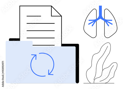 Paper in folder with circular arrows, lungs diagram, and abstract plant element. Ideal for healthcare, document management, sustainability, biology, medical research, data sharing simple landing