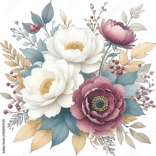 Beautiful floral arrangement with vibrant roses, daisies, and lush leaves. Soft pastel florals in a delicate watercolor design. Watercolor bouquet of pink and white flowers surrounded by soft greenery