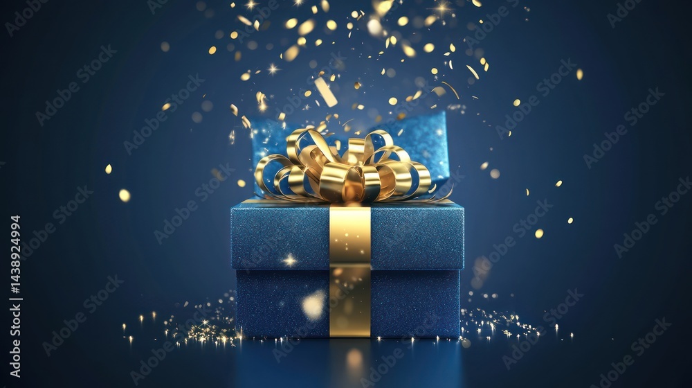 Luxurious blue gift box with golden ribbon and falling confetti sparkles