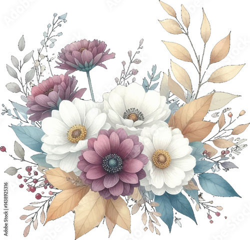 Hand-painted floral wreath with delicate pink and white flowers and leaves. Fresh and soft watercolor flowers arranged in a beautiful botanical bouquet. Pastel-colored watercolor flowers