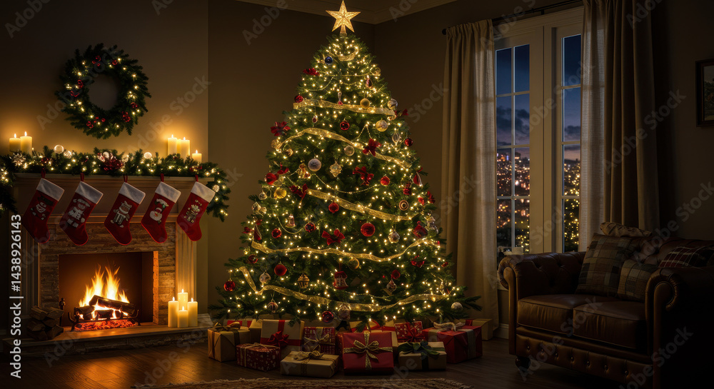 Fototapeta premium Cozy Christmas: Lit Tree, Fireplace, & Gifts in a Festive Home! Holiday Warmth & Joy!