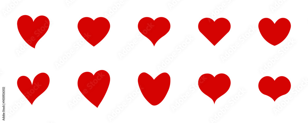 Collection of red heart shaped icons in unique and varied styles, isolated on white background, ideal for romantic projects, love-themed illustrations, and Valentine�s Day graphics. Collection of red heart shaped icons in unique and varied styles, isolated on white background, ideal for romantic projects, love-themed illustrations, and Valentine�s Day graphics.