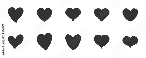 Set of black heart shaped icons featuring various abstract styles, isolated on white background, ideal for romantic graphics, greeting cards, Valentine�s Day themes, and vector illustrations.