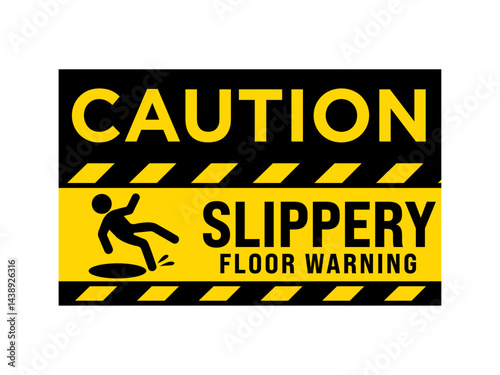 Caution sign vector design with a yellow and black color scheme, featuring a falling person icon and the text Slippery Floor Warning, ideal for safety labels, signage, and awareness materials.