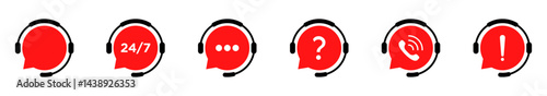 Set of customer support icons with red speech bubbles and black headsets featuring chat, 24/7 service, question, call, and alert symbols for vector illustrations, web, UI, and app design